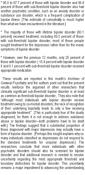 Text Box: * 95.8 to 97.7 percent of those with bipolar disorder and 88.4 percent of those with sub-threshold bipolar disorder also had another psychiatric condition, such as an anxiety disorder or substance use disorder, which is a frequent complication of bipolar illness. [This estimate of comorbidity is much higher than what we have encountered in the literature.]
* The majority of those with lifetime bipolar disorder (80.1 percent) received treatment, including 69.3 percent of those with sub-threshold bipolar disorder; most of those people sought treatment for the depression rather than for the manic symptoms of bipolar disorder.
* However, over the previous 12 months, only 25 percent of those with bipolar disorder I, 15.4 percent with bipolar disorder II and 8.1 percent with sub-threshold bipolar disorder received appropriate medication
  These results are reported in this month�s Archives of General Psychiatry and the authors point out that the present results reinforce the argument of other researchers that clinically significant sub-threshold bipolar disorder is at least as common as threshold bipolar disorder., They also note that �although most individuals with bipolar disorder receive treatment owing to co-morbid disorders, the lack of recognition of their underlying bipolarity leads to only a few receiving appropriate treatment.�  [This is particularly true of the dually diagnosed; for them it is not enough to address substance abuse or bipolar disorder�both problems have to be dealt with.] The findings suggest that a substantial proportion of those diagnosed with major depression may actually have a form of bipolar disorder.  [Perhaps this insight explains why so many individuals classified as depressives do not respond to the standard treatments for unipolar depression.] The researchers conclude that more individuals with other psychiatric disorders should also be screened for bipolar disorder and that additional research is needed to resolve uncertainty regarding the most appropriate threshold and boundary distinctions for bipolar disorder. This uncertainty remains a major impediment to advancing the understanding 