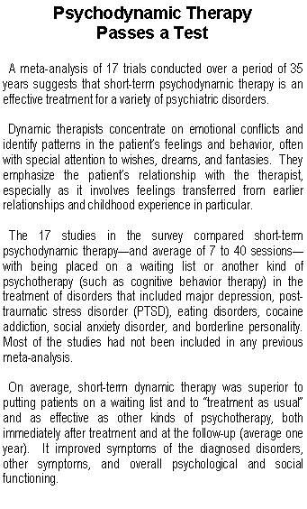 Text Box: Psychodynamic TherapyPasses a Test  A meta-analysis of 17 trials conducted over a period of 35 years suggests that short-term psychodynamic therapy is an effective treatment for a variety of psychiatric disorders.  Dynamic therapists concentrate on emotional conflicts and identify patterns in the patient�s feelings and behavior, often with special attention to wishes, dreams, and fantasies.  They emphasize the patient�s relationship with the therapist, especially as it involves feelings transferred from earlier relationships and childhood experience in particular.  The 17 studies in the survey compared short-term psychodynamic therapy�and average of 7 to 40 sessions�with being placed on a waiting list or another kind of psychotherapy (such as cognitive behavior therapy) in the treatment of disorders that included major depression, post-traumatic stress disorder (PTSD), eating disorders, cocaine addiction, social anxiety disorder, and borderline personality.  Most of the studies had not been included in any previous meta-analysis.  On average, short-term dynamic therapy was superior to putting patients on a waiting list and to �treatment as usual� and as effective as other kinds of psychotherapy, both immediately after treatment and at the follow-up (average one year).  It improved symptoms of the diagnosed disorders, other symptoms, and overall psychological and social functioning. 